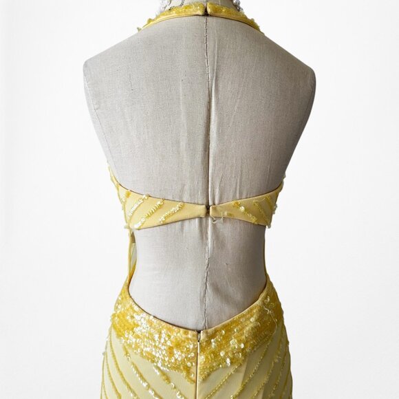 Vintage Y2K Yellow Halter Beaded Sequin Mesh Bodycon Maxi Prom Dress Size XS/S - Picture 11 of 14
